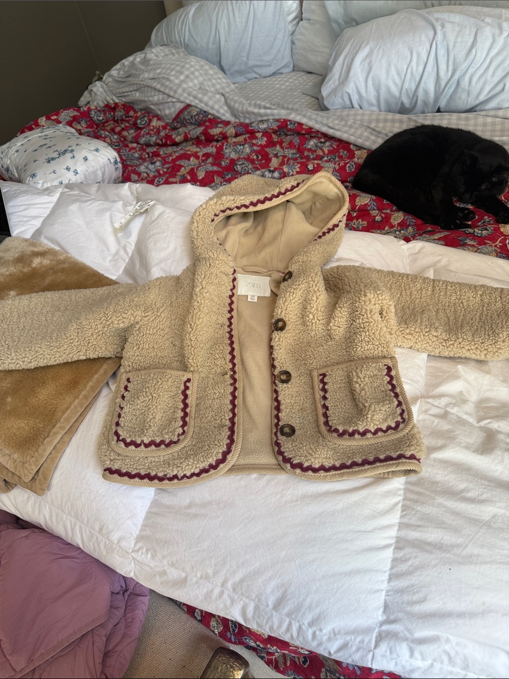Zara Beige Sherpa Hooded Jacket with Burgundy Trim